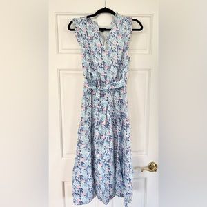 Talbots Dresses | Floral Dress Tiered Modo Ruffled Sleeveless, blue size 8